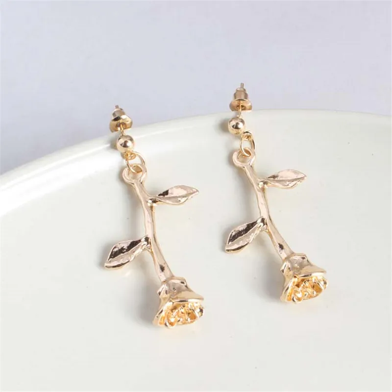 Korea Romantic Delicate Rose Flower Earrings Charm Gold Color Rose Jewelry Metal Tree Branches Earrings For Women Girls Gift