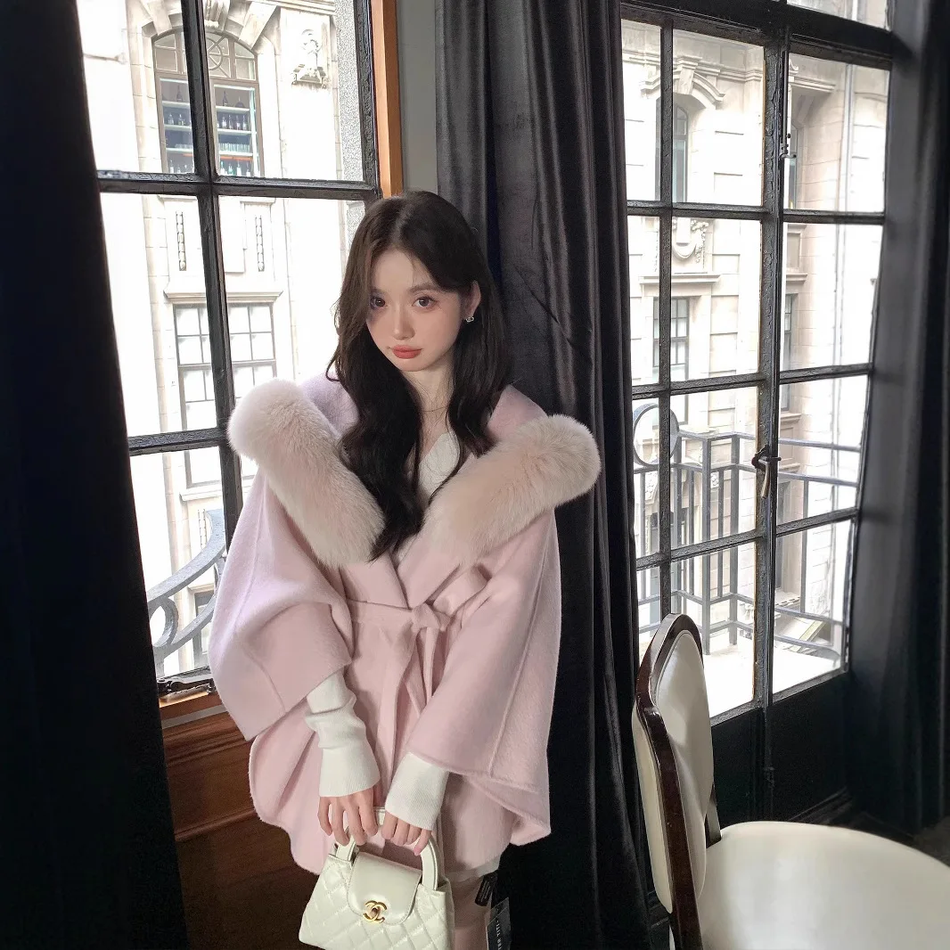 

Двустороннее шерстяное пальто New Moon, женское зимнее пальто с меховым воротником и капюшоном, верхняя одежда из овечьей шерсти средней длины с ket