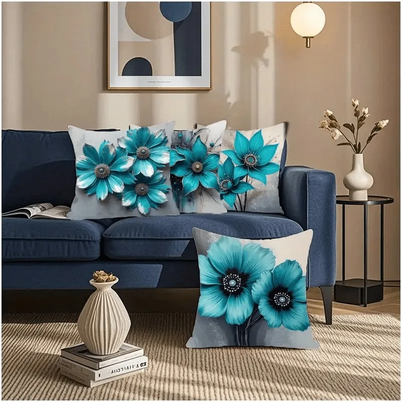

Бирюзовая наволочка с цветочным анемоном, наволочка на тему современного искусства, декоративный домашний диван, спальня, стильный эстетический подарок