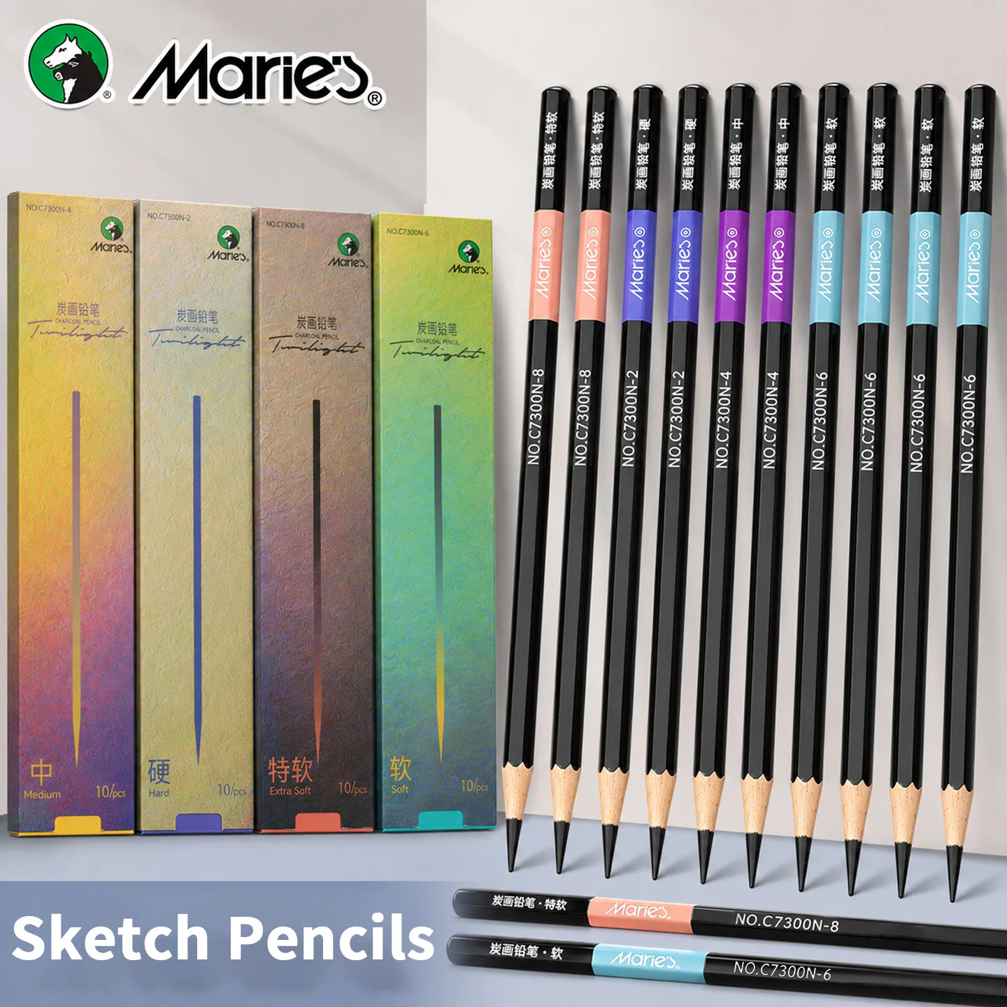 Marie's Sketch Charcoal Pencil 10Pcs Soft / Medium/Hard/ Extra-soft Drawing Pencils Set Carbon Pencils for Kit Sketching Shading