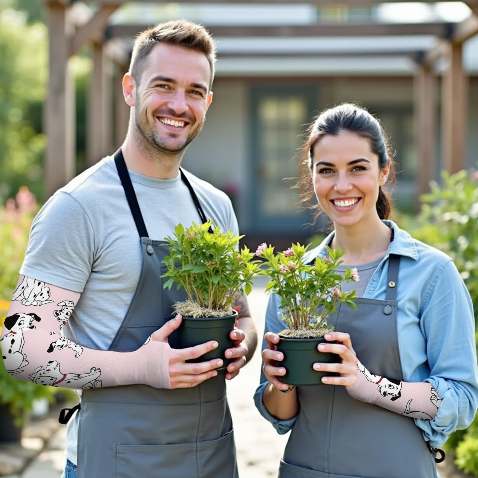 Rękawy na ramię z nadrukiem kreskówki dalmatyńczyka Kawaii - różowy lodowy jedwab, oddychająca ochrona przed promieniowaniem UV dla rodziców i dzieci na codzienne i przygodowe wyprawy na świeżym powietrzu