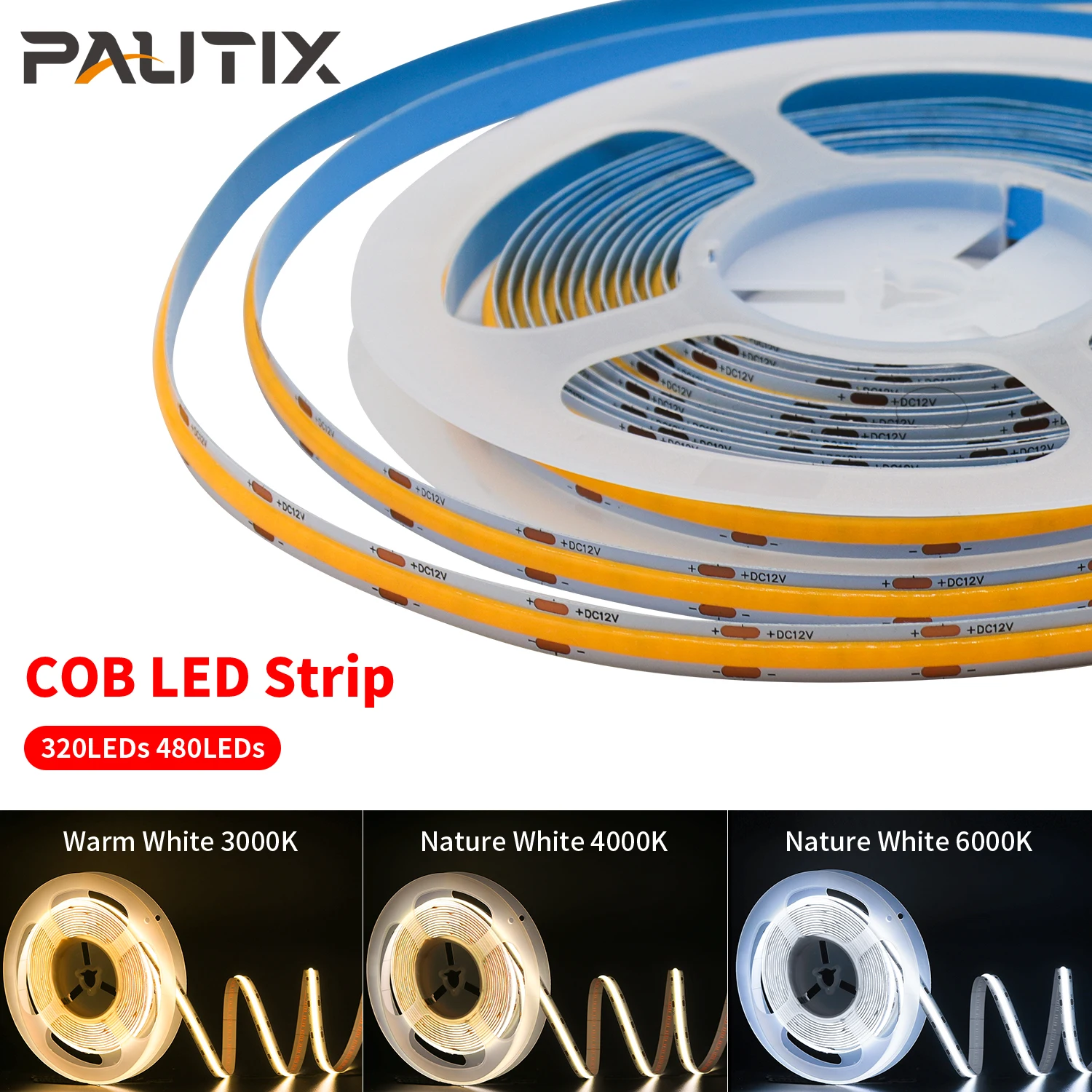 

PAUTIX COB LED Strip Light High Density 320 480 LEDs 12V/24V Flexible LED Strip Warm Nature Cool White RA90 Linear Dimmable