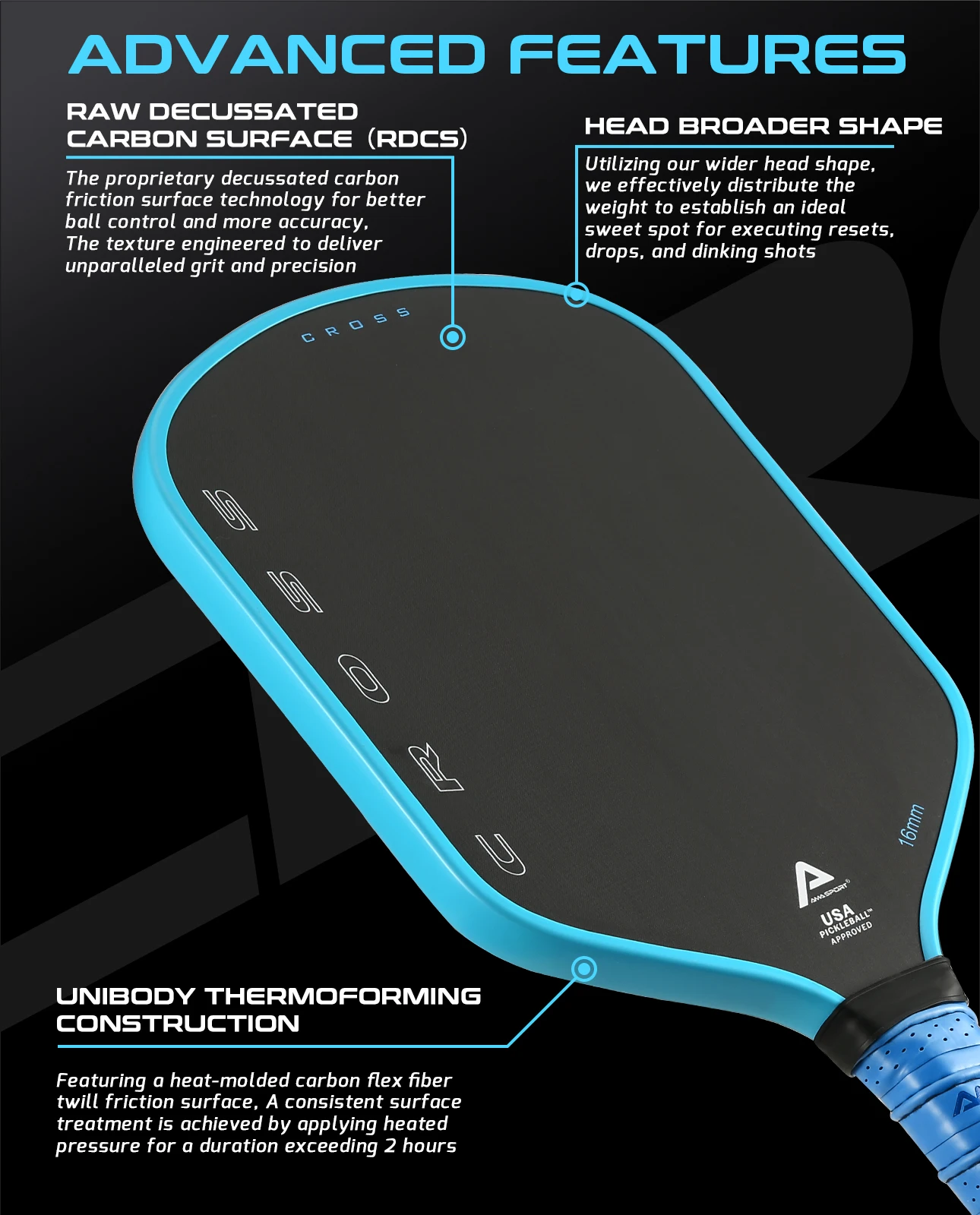 AMASPORT USAPA Pickleball Paddle Raw Cross T700 fibra de carbono 16mm Cross Tech Pickleball paletas raqueta con cubierta de paleta