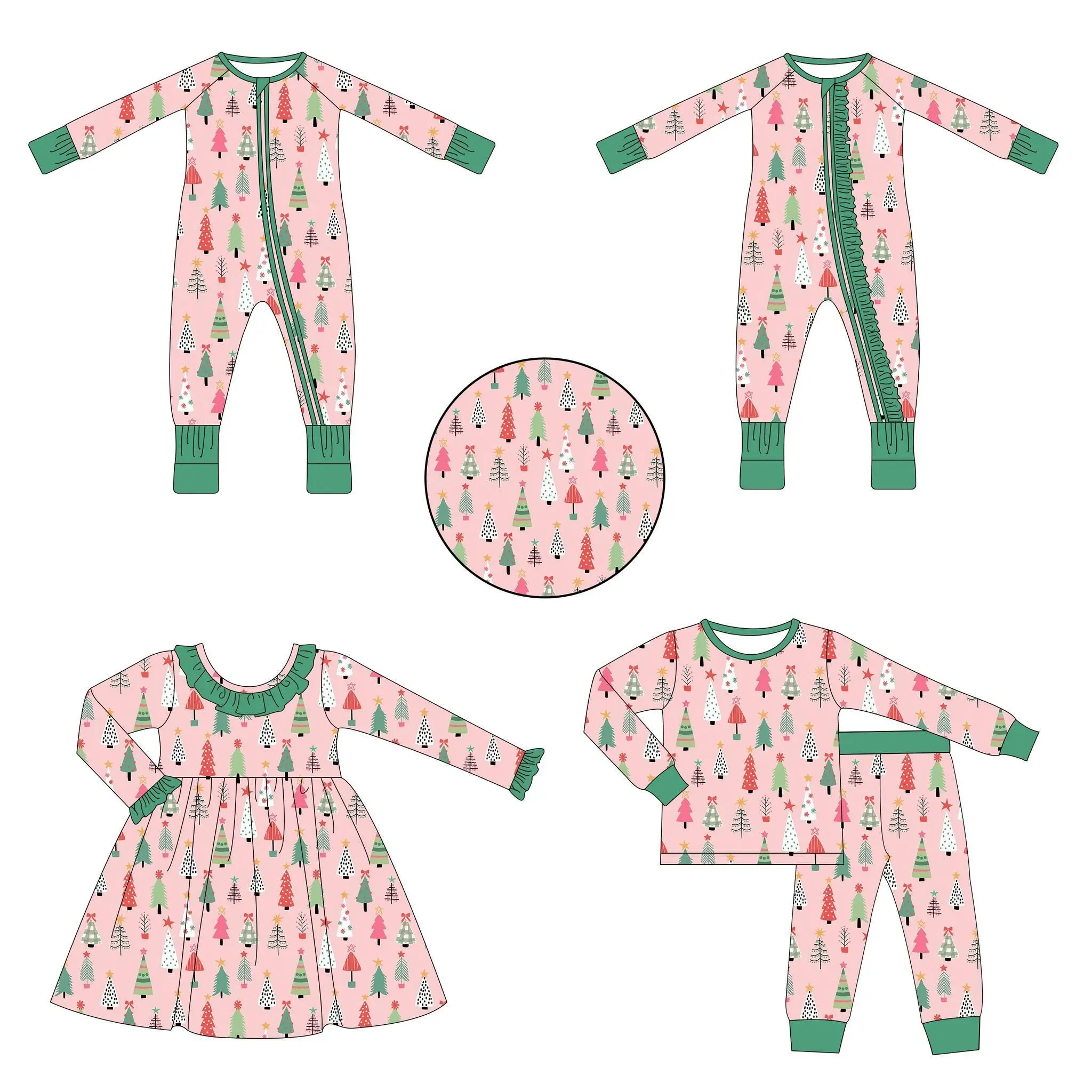 

Autumn baby clothing wholesale boutique milk silk Christmas clothing pink suit Christmas tree print baby girl long-sleeved suit