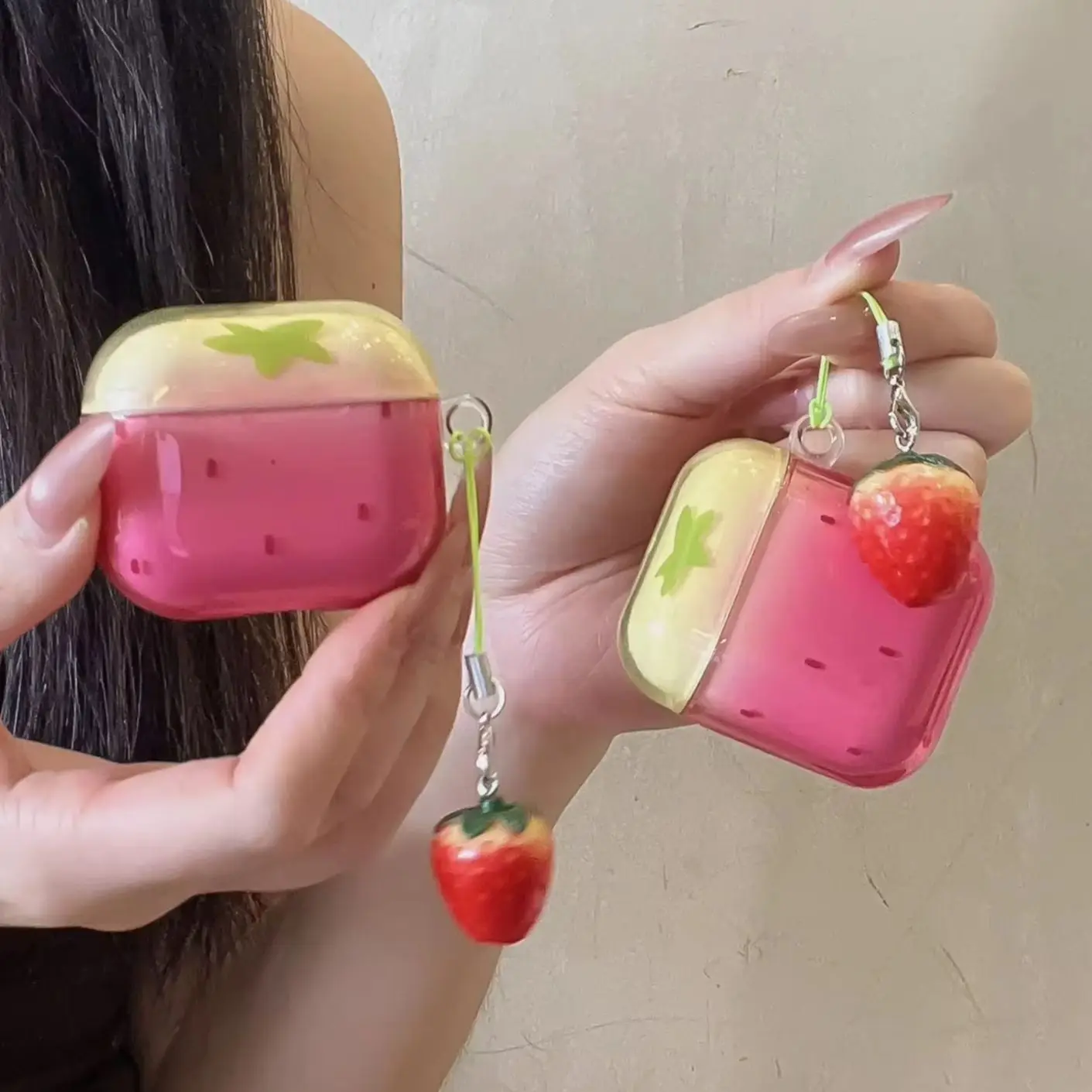 Cute Strawberry Splash Ink Rose Red Green Transparent Glossy Earphone Cover Case For AirPods 2 3 4 5 Pro Pro2 Pro3 with Pendant