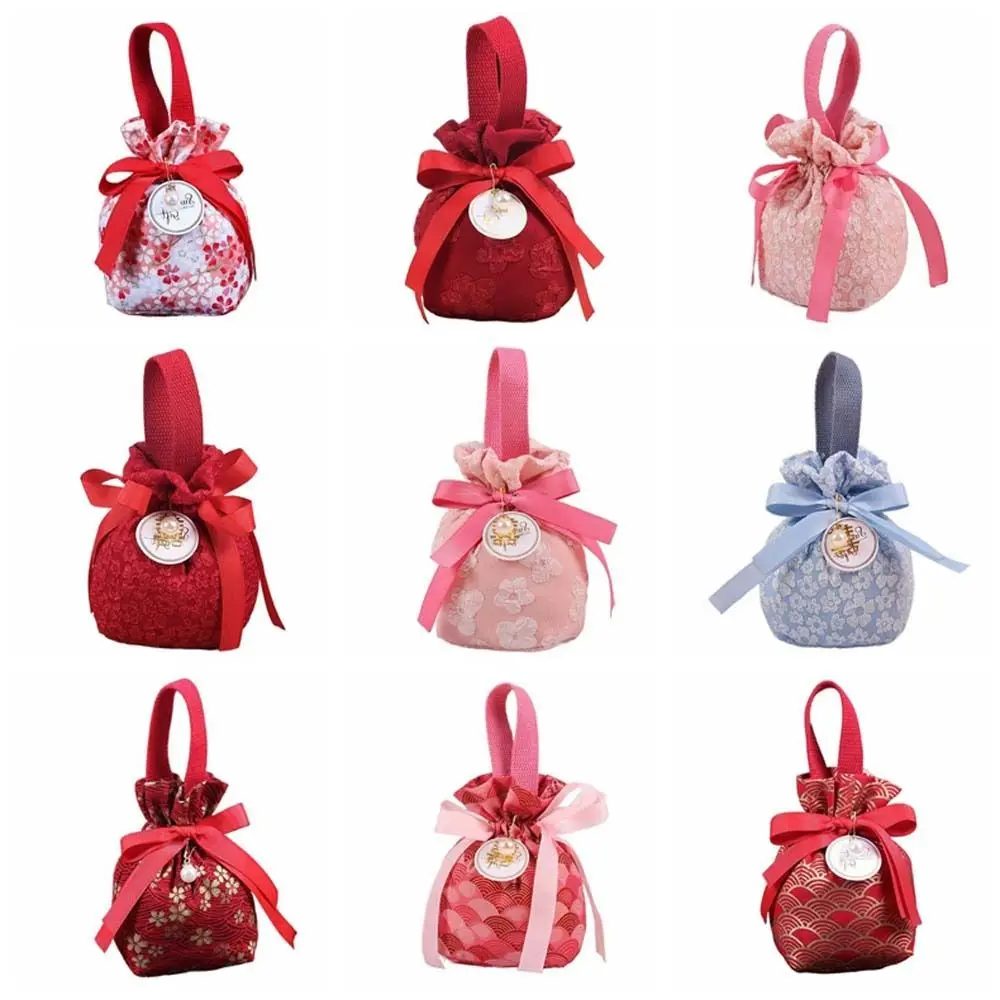 Lona Floral Drawstring Bag, arco de cetim, pingente de pérola, Bowknot Handbag, Coin Purse, armazenamento carteira, fita saco de pulso