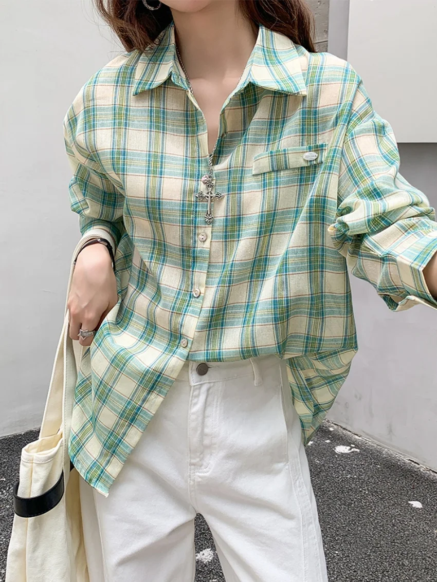 

Alien Kitty Green Sunscreen Shirts Women Chic Loose 2025 Daily All Match Plaid Gentle Fashion Full Sleeve Office Lady Coats