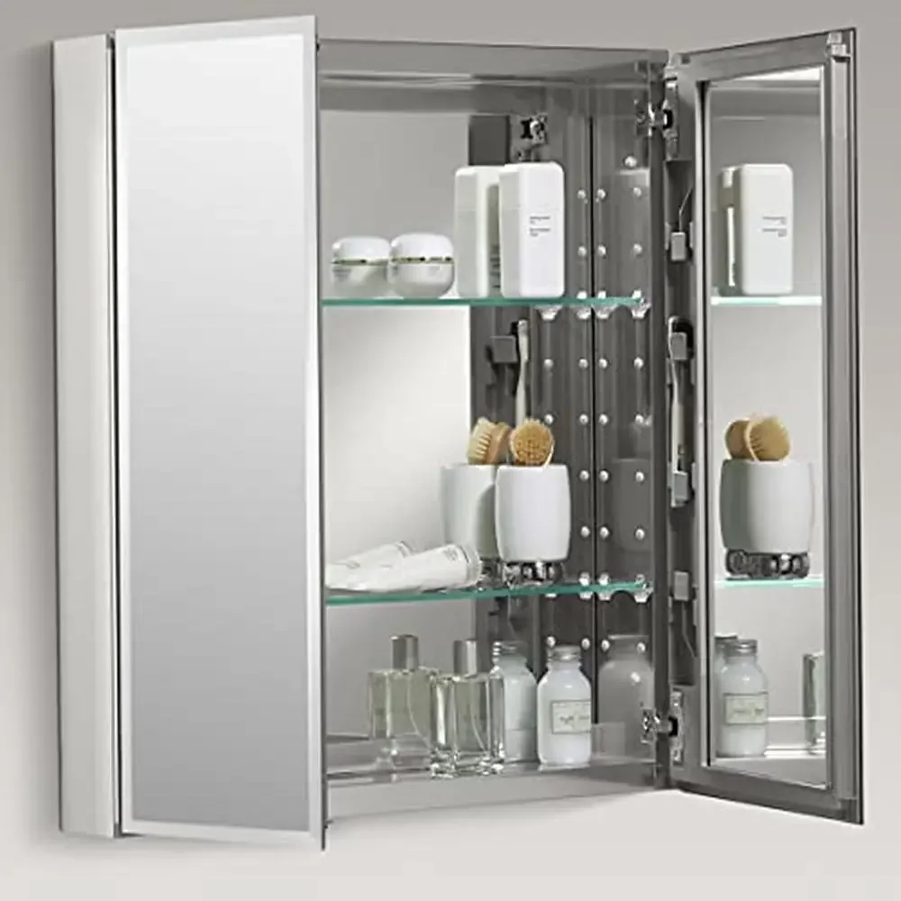 Aluminum Medicine Cabinet with Mirror Two-Door Adjustable Shelves Easy Install Hand Held Showerheads Modern Design -Compatible