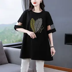 Loose Fashion Mesh Spliced Half Sleeve T-shirt Women's Clothing Trendy O-Neck Summer Female Casual Solid Color Diamonds Tops