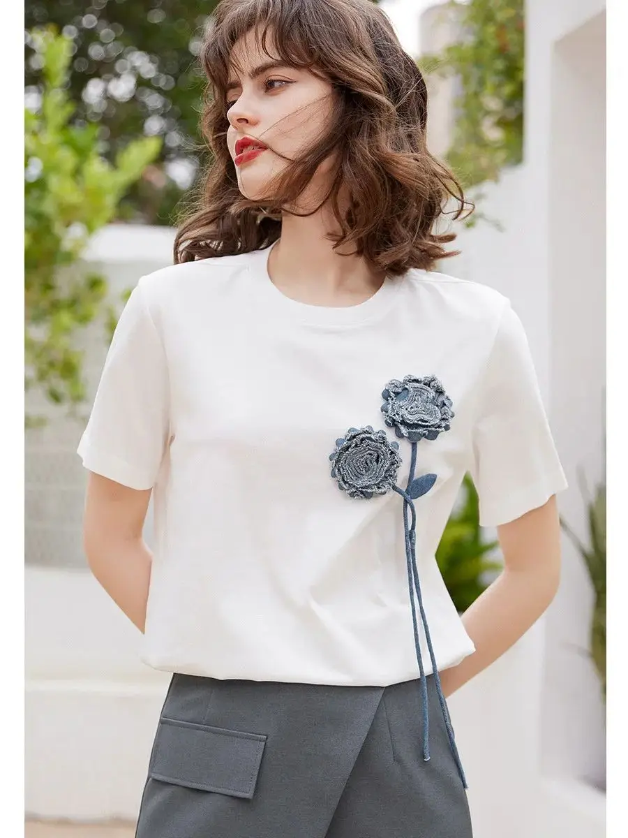 LOUIS YAO Women T-shirt 2024 Summer Casual Tee 3D Flower Loose O Neck Short Sleeve Basic Pullover Top