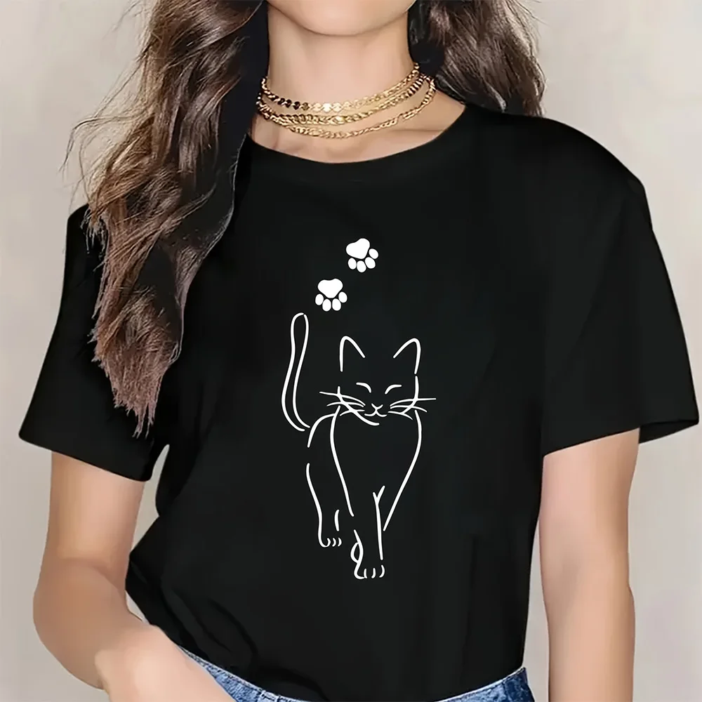 Camiseta feminina verão roupas soltas data topo em torno do pescoço confortável manga curta moda padrão feminino elegante camiseta