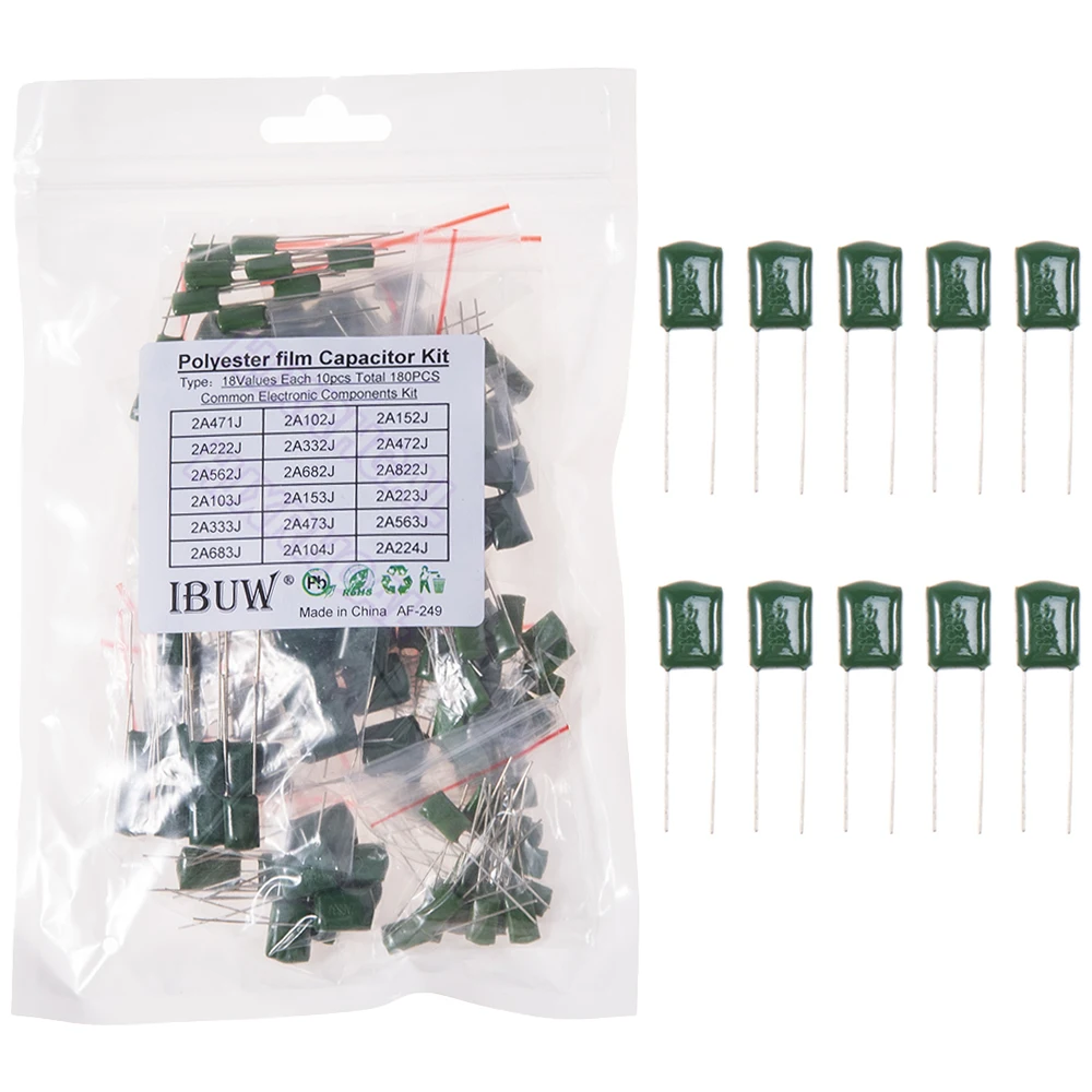 

180PCS=18value*10PCS Polyester film capacitor Assorted Kit contains 2A104J 2A332J 2A472J 2A103J 2A333J 2A473J 2A563J 2A223J