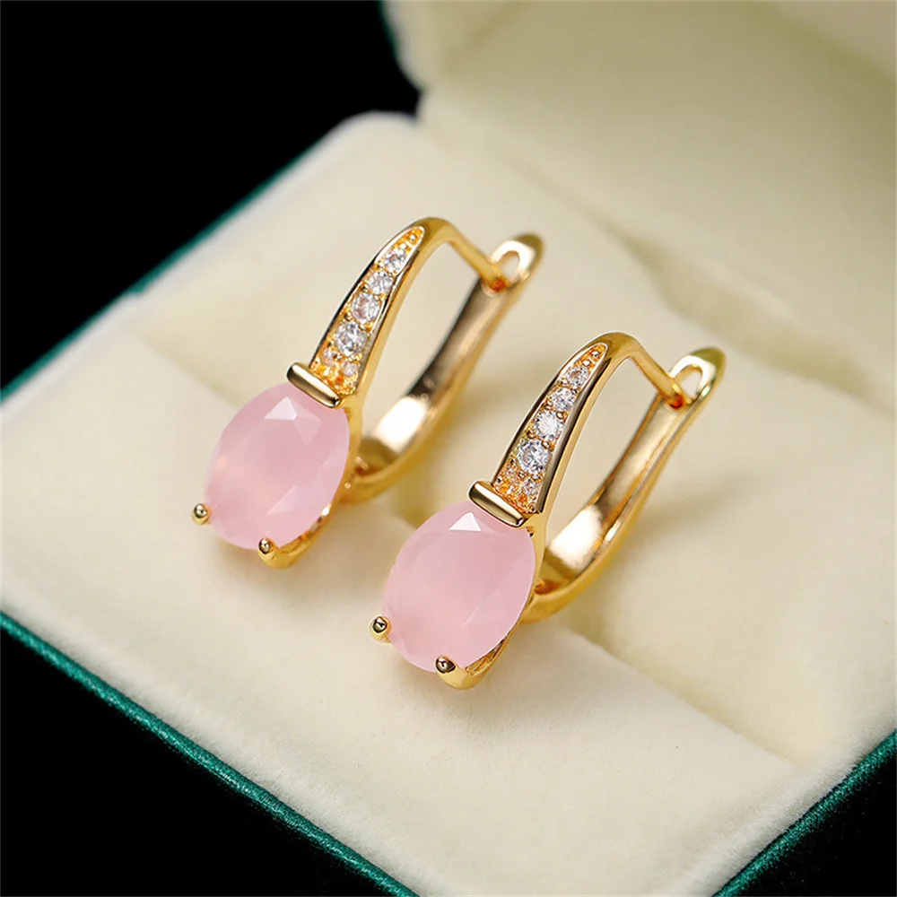 Pink Moonlight Stone Eyes Earrings Noble Charm Zircon Golden Ear Studs For Women Girl Trendy Pave CZ Exquisite Ear Decorate 2024