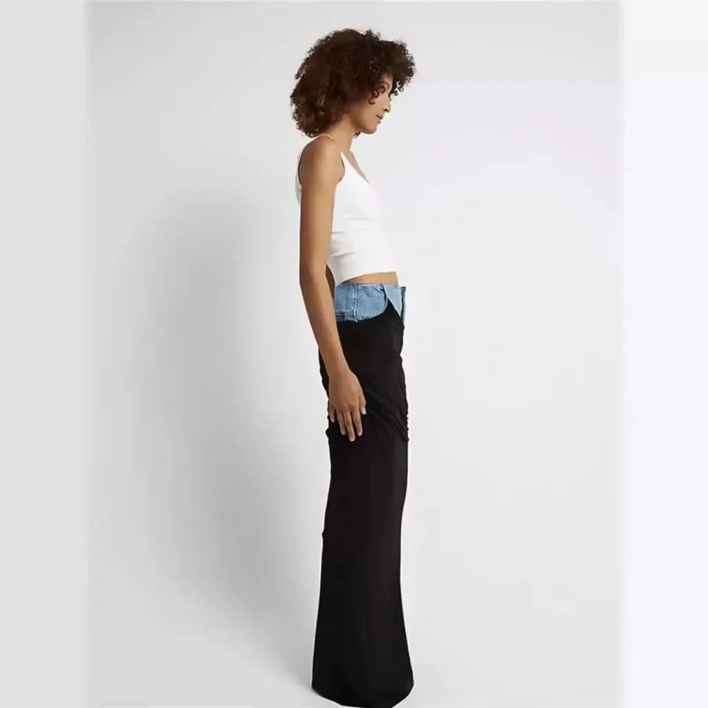 

Modern High Waist Skirt for Women Black Pleated Stitching Design Long Denim Skirt Spring Deconstructed Style