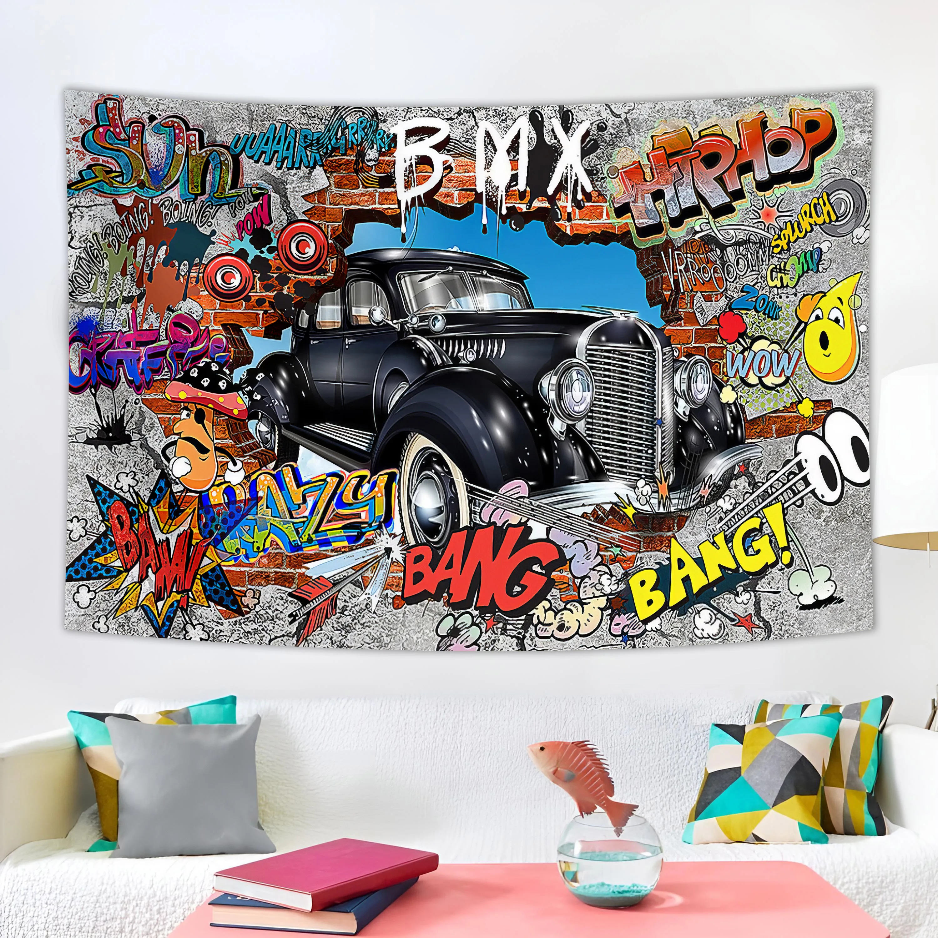 Vintage Poster Vintage Car Broken Wall Classic Cars Tapestry Background Home Decoration Room Banner Wall Hanging Sofa Blanket