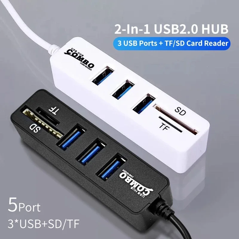 USB Combo Hub Multi USB 2.0 Hub High Speed 3 Ports Splitter with TF SD Card Reader 5 in 1 For PC Laptop Computer Accessories HUB