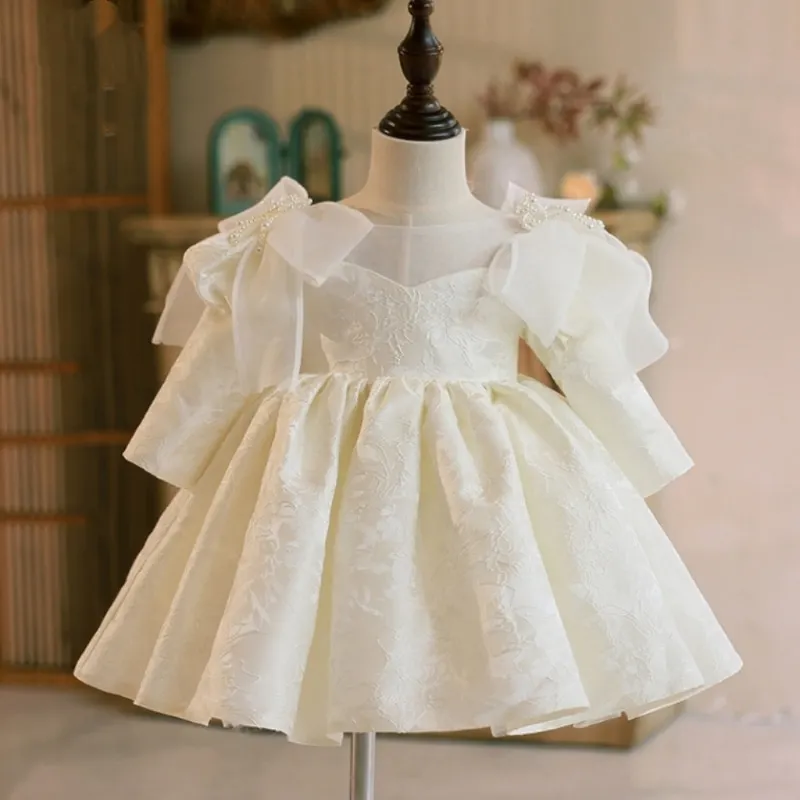 

Fashion Baby Girl Princess Long Sleeve Dress Bow Pearl Infant Toddler Child Vestido Wedding Party Birthday Baby Clothes 12M-14Y