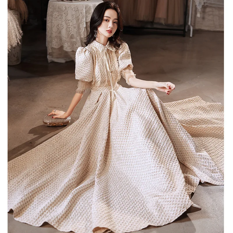 Niche Women's Evening Dress 2024 New Turn-down Collar Lace A-line Dresses Elegant Female Pleated Grids Floor Length Ball Gowns