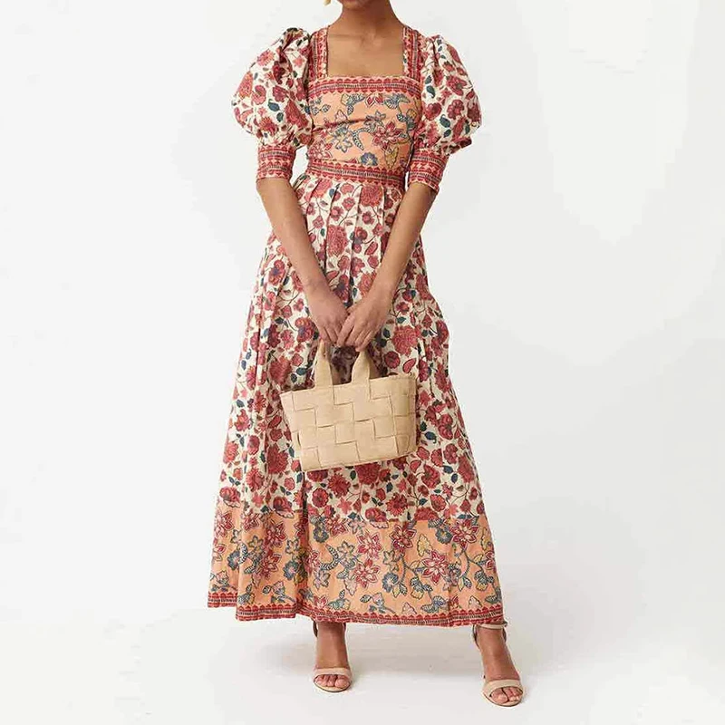 

Temperament Tie Up Hollow Out Dress Vintage Square Collar Printed Party Dress Leisure Puff Sleeve High Waist Pleat Evening Dress