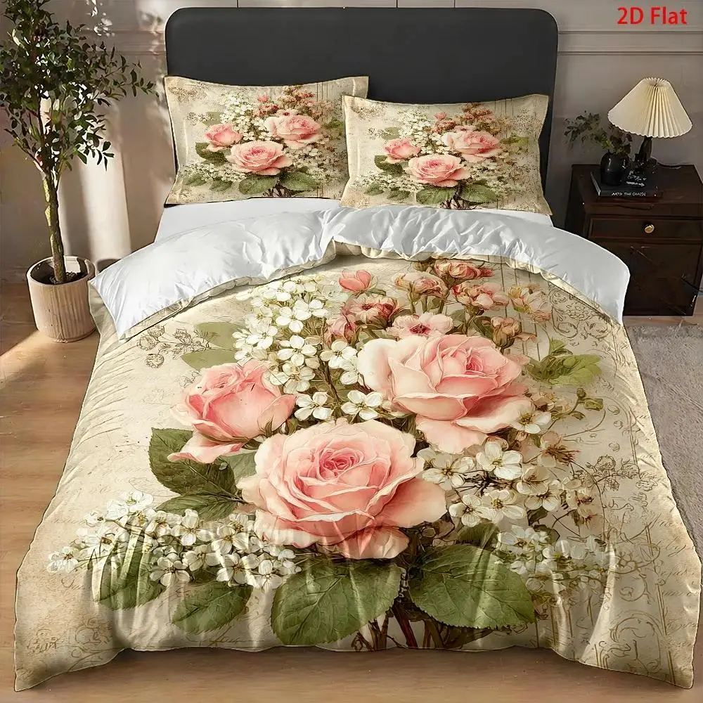 3-Piece Quilt Cover Set, 1 Quilt Cover + 2 Pillowcases (Without Filling), Pink Rose Bouquet, Vintage Style, Valentine's Day, Home Bedding, Three-Piece Quilt Cover Set, Suitable for All Seasons, Machine Washable, Invisible Zipper, Suitable for Home, Dormitory, Master Bedroom, Guest Room