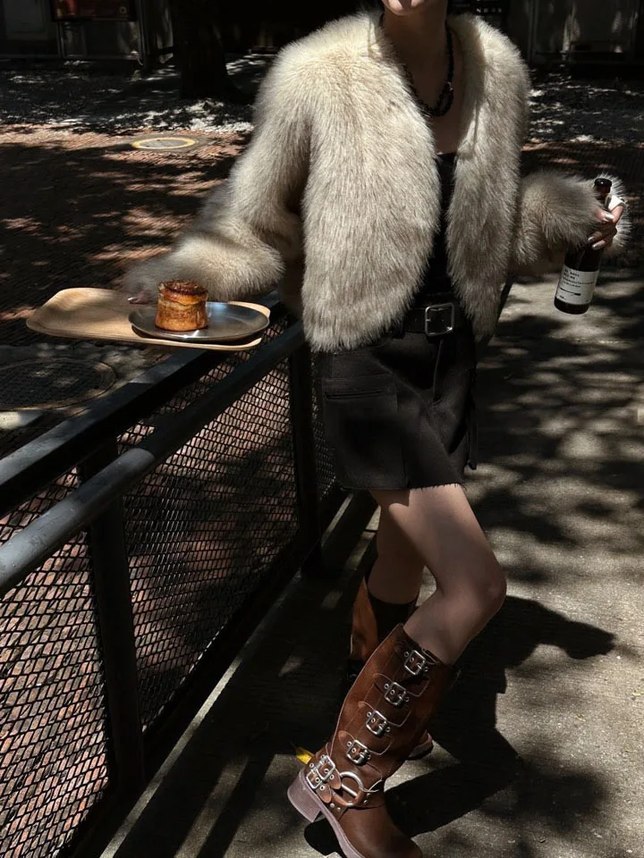 Faux Fox Fur Women Coats Solid Short Jackets Long Sleeve Round Neck Open Stitch Thick Slim Fit Elegant Casual 2026 Autumn Winter