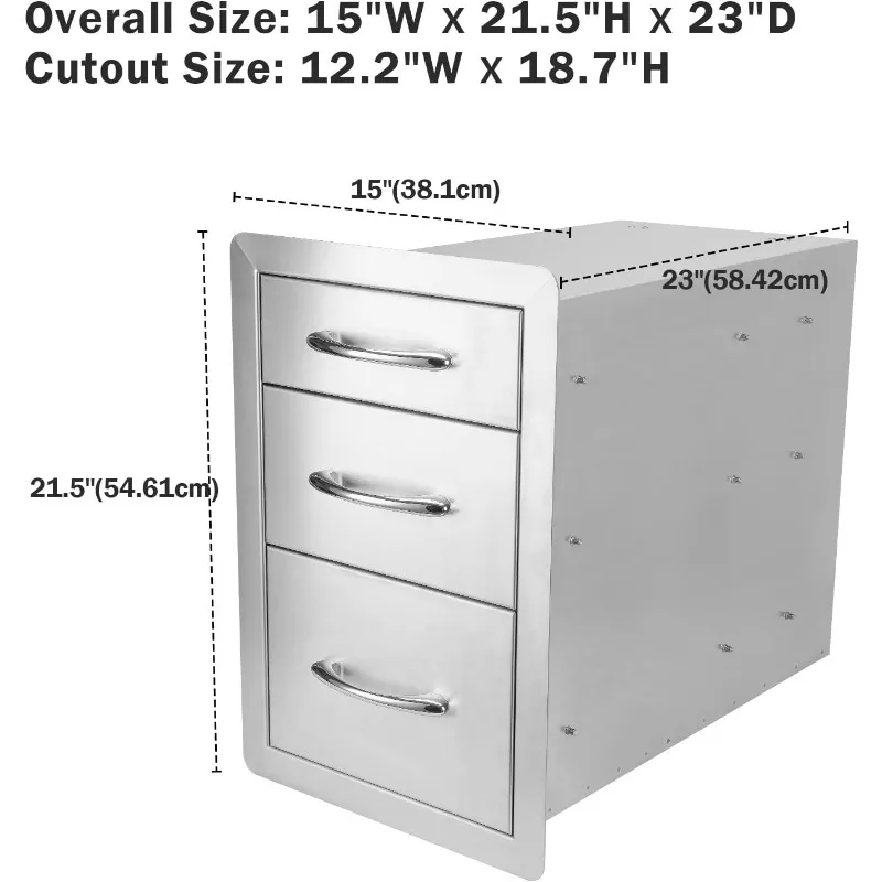 Stanbroil Outdoor Kitchen Drawers Stainless Steel - 15W x 21.5H x 23D Inch, Triple Access Drawer Flush Mount for Outdoor Kitchen
