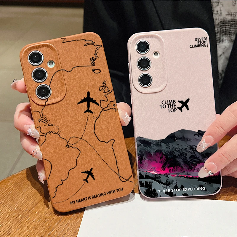 Airplane Route Patterned Phone Case For Samsung Galaxy S26 S25 S24 S23 Ultra S22 Plus S25 FE Edge Soft TPU Leather Texture Cover