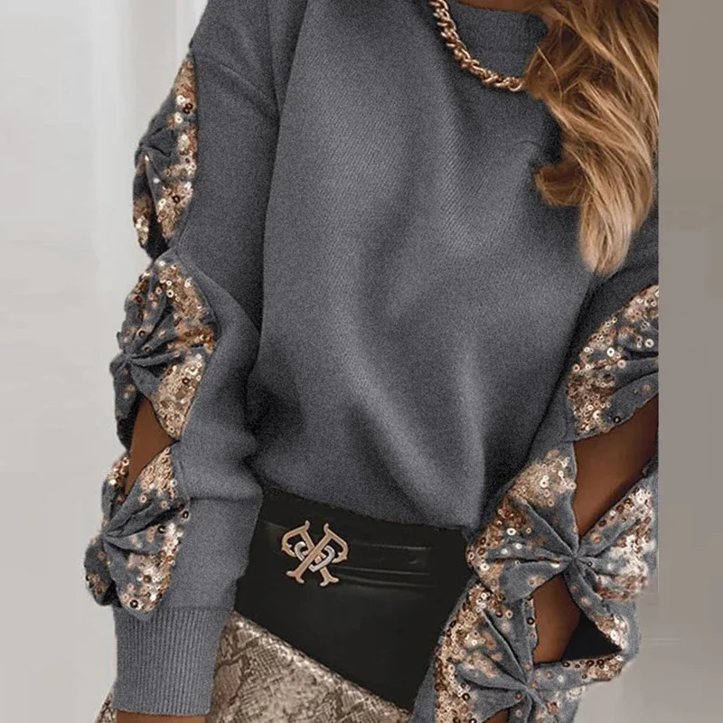Autumn Winter Solid Color Sexy Hollow Pullover Tops Women Elegant Sequin Sweaters Ladies Casual Long Sleeve Sweater Dropshipping
