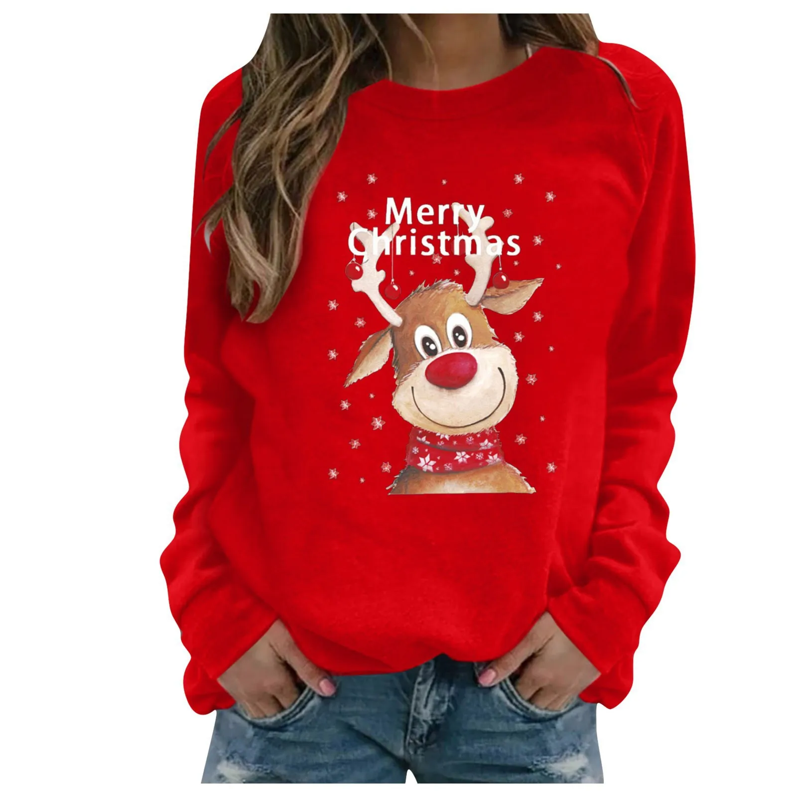 Kaus wanita motif seri natal Fashion Pullover wanita leher bulat lengan panjang kartun Sweatshirt atasan kasual Harajuku