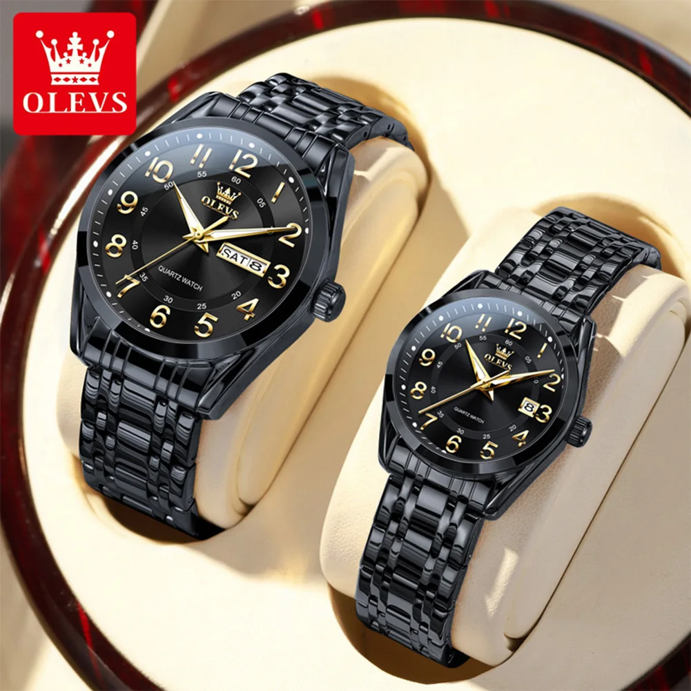 OLEVS 3666 Couple Watch Pair Stainless Steel Waterproof Calendar Luminous Digital Dial Original Quartz Watches for Men Women New