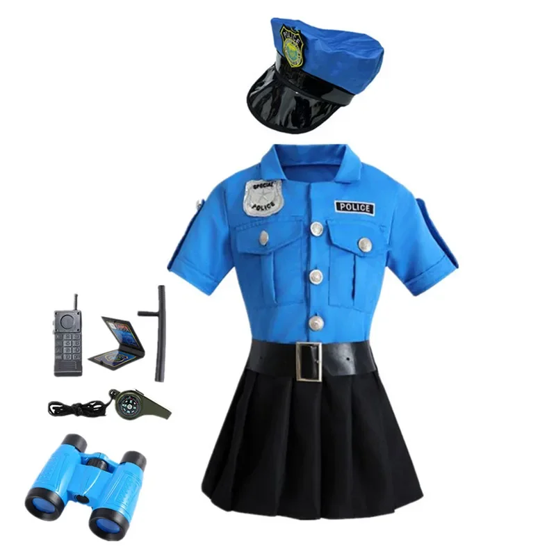 Girl Deluxe Police Dress Dressup Costume Justice Heroes Police Officer Uniform Send Walkie Talkie Baton Toy Gift Halloween Party