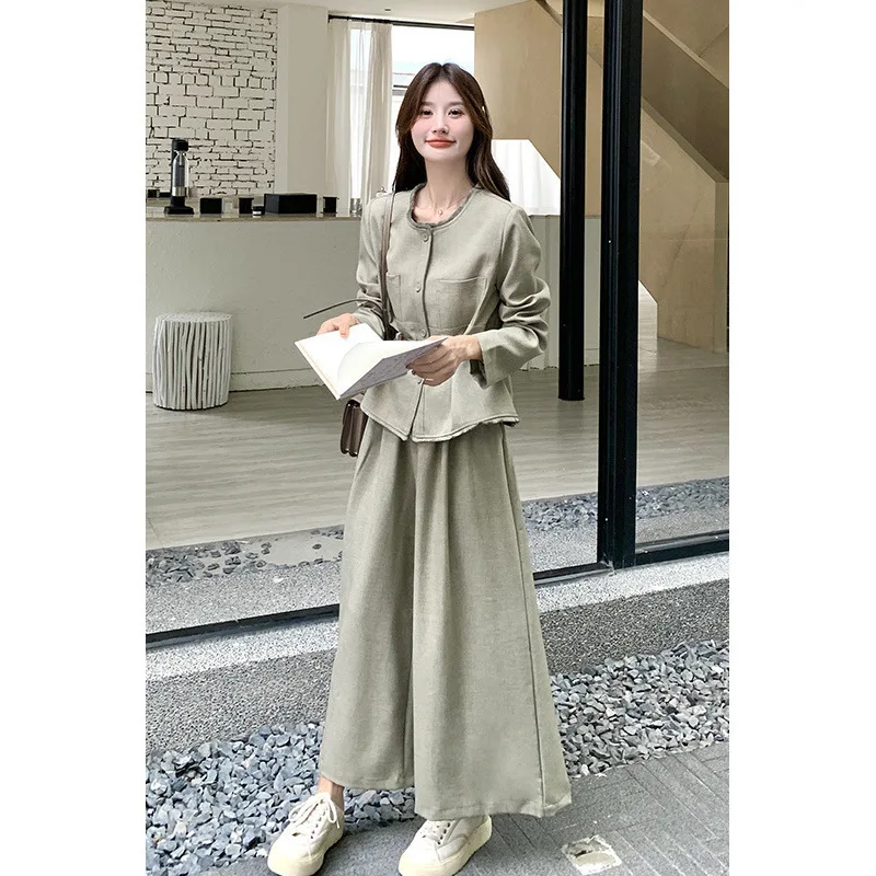EAEOVNI Women Two Piece Set Fashion O Neck Button Belt Gathered Waist Jacket + Wide Leg Trousers 2025 New Clothing 1A1153
