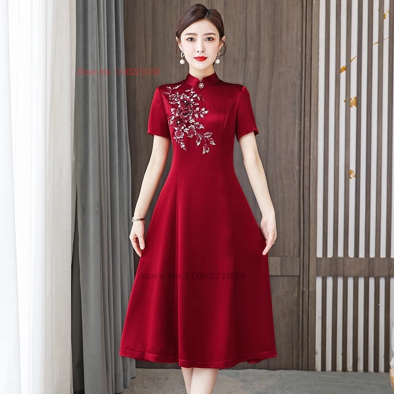 전통 중국 빈티지 원피스 개량 qipao 국가 꽃 자수 결혼식 qipao A 라인 원피스 이브닝 파티 원피스, 2024