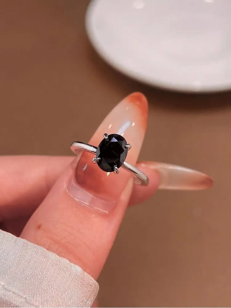 925 Sterling Silver Simplicity Black Zircon 6*8MM Oval Ring For Women Engagement Wedding Luxury High Quality Fine Jewelry