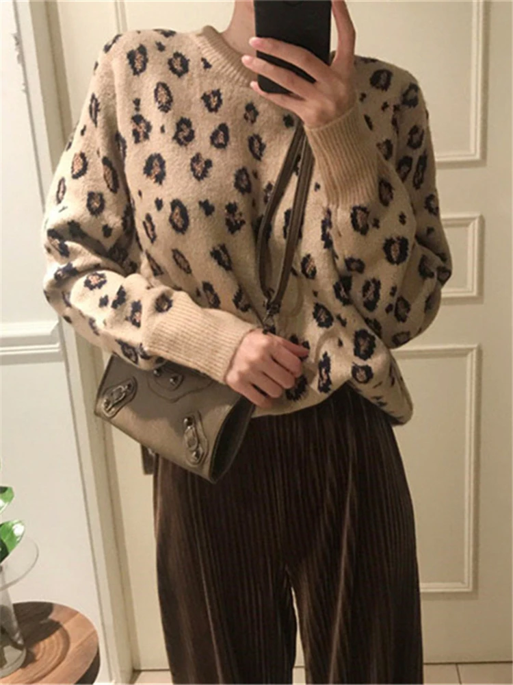 Colorfaith SW9539 New 2023 Leopard Korean Style Knitted Oversized Female Wild Autumn Winter Women\'s Sweaters Pullovers Jumpers