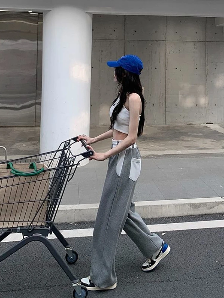 Women Wide Leg Sweatpants Grey High Waist Loose Casual Pants Fall Lightweight Drape Joggers Trendy Streetwear Trousers