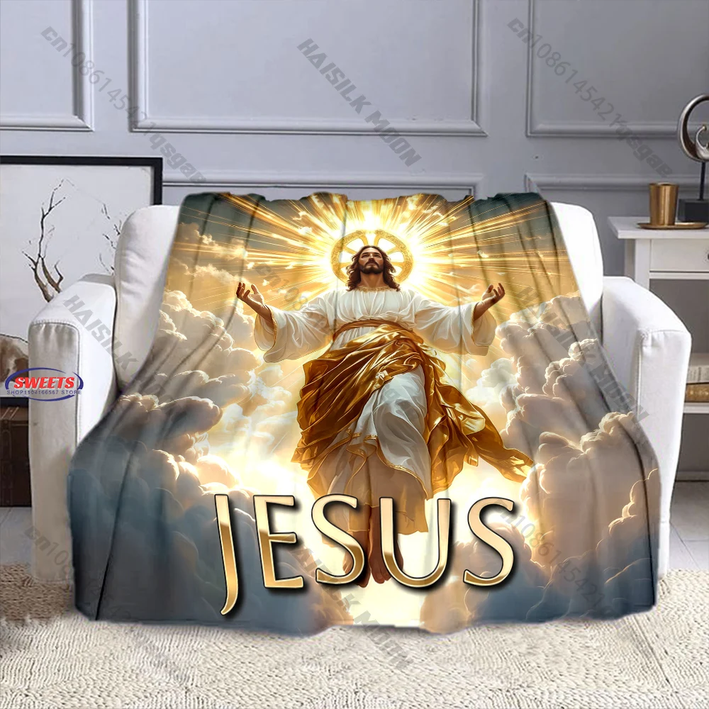 Golden Jesus Christ in Heaven Throw Blanket Soft Flannel Cozy Blanket for Christian Believers Home Decor