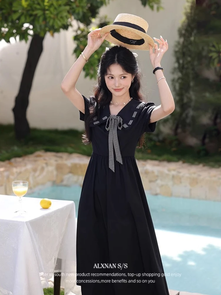 ALXNAN Black Long Dress Vintage Elegant V-neck Casual Holiday Women's Midi Dress 2025 Short Sleeve Clothing Ladies L55706