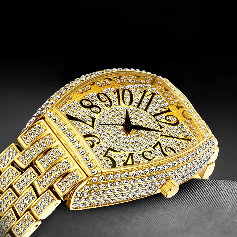 Luxury Men Watch Personalized Bling Diamond Quartz Timepiece Fashion Ice Out Tonneau Big Face Male Wristwatch Best Sale Product