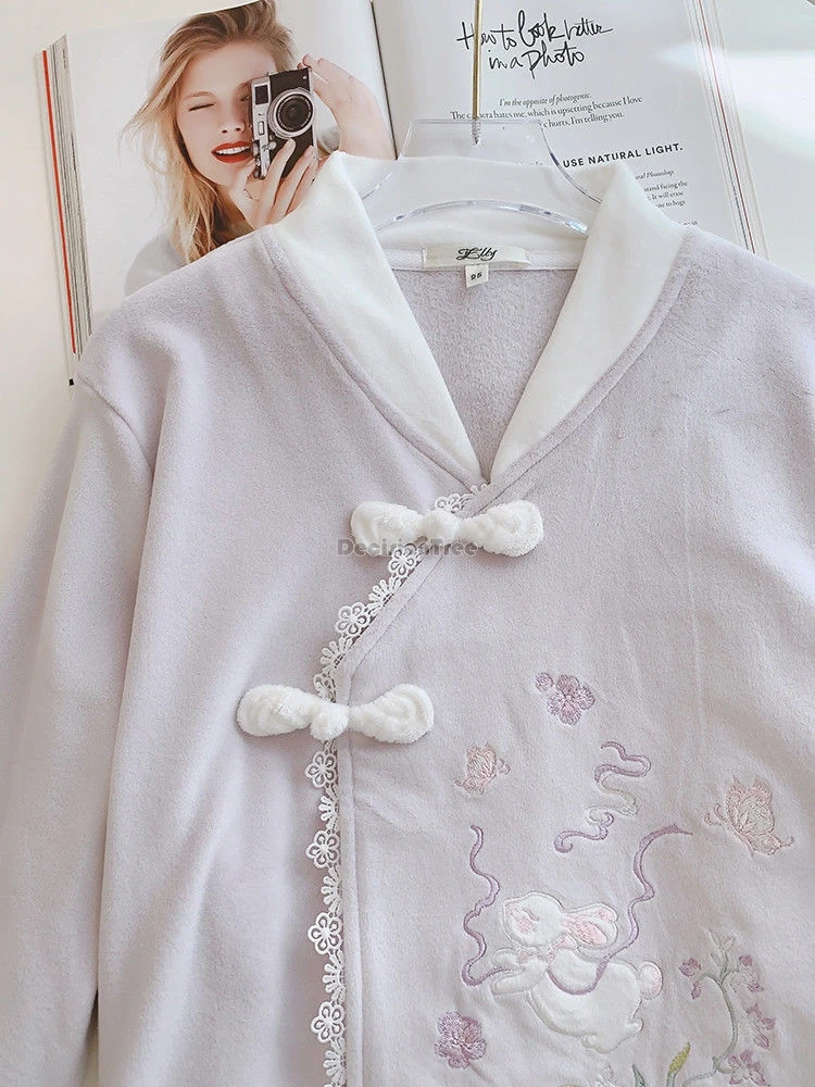 2024 chinese national style rabbit pattern velvet pajamas female autumn winter purple button chinese style home wear suit b120