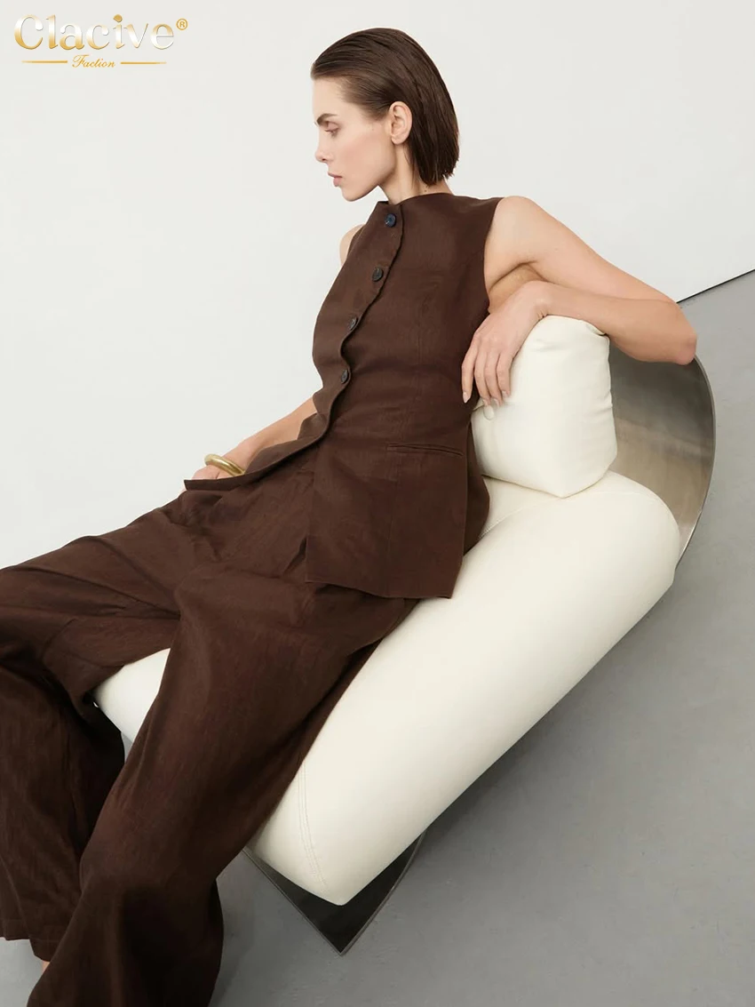Brown Linen Pants Set: Sleeveless Tank and High Waist Wide Trousers