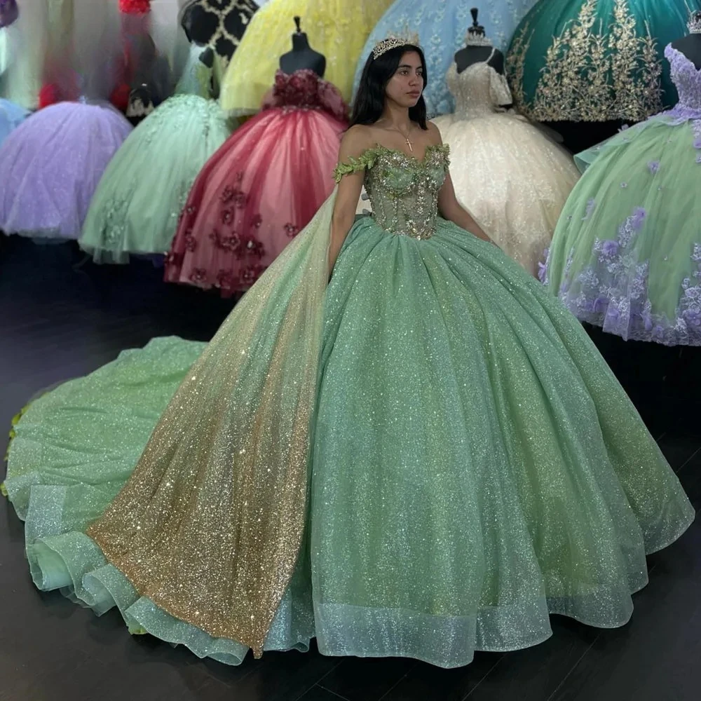 Vestidos de quinceañera Verde menta, vestido de baile de quinceañera, hombros descubiertos, brillante, Floral mexicano, dulce 16, 15 años