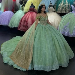 Mint Green Charro Quinceanera Dresses Ball Gown Off The Shoulder Sparkly Floral Mexican Sweet 16 Dresses 15 Anos Customized