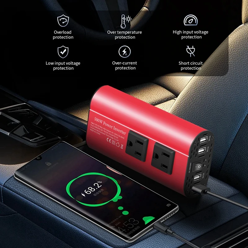 カーインバーター-500w-dc-12v-から-110v-ac-自動車用インバーターコンバーター-自動変圧器-米国標準ソケット付き-abvk