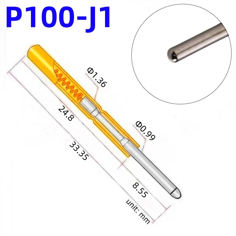 20/100PCS P100-J1 Small Round Head Spring Test Probe Pogo Pin P100-J Dia 1.36mm Needle Length 33.35mm Circuit Board Test Pin