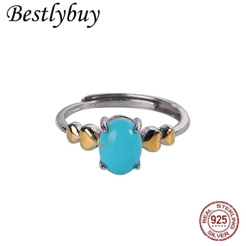 

NEW S925 Pure Silver Gold-plated Inlaid Natural Turquoise Personality Temperament Heart-shaped Women's Open Ring