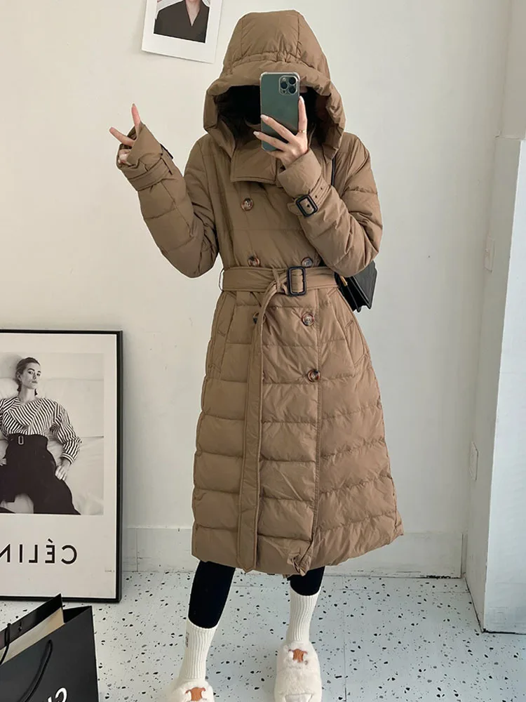 

British Down Trench Coat 2022 Winter 90% Duck Down Jacket Women Mid-Long Parkas England Style Female Puffer Overcoat