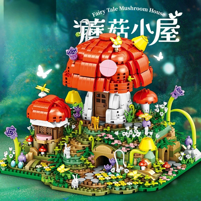 Novos blocos de construção de micropartículas DIY modelo de brinquedo de montagem gratuita Casa de cogumelo
