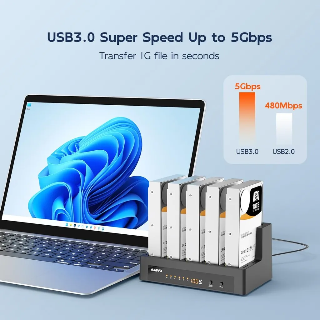 마이워 5베이 외장 하드 드라이브 도킹 스테이션 케이스 오프라인 복제 기능 지원 2.5인치 3.5인치 SATA HDD/SSD USB3.0 HDD 도크 LED 디지털 디스플레이 탑재