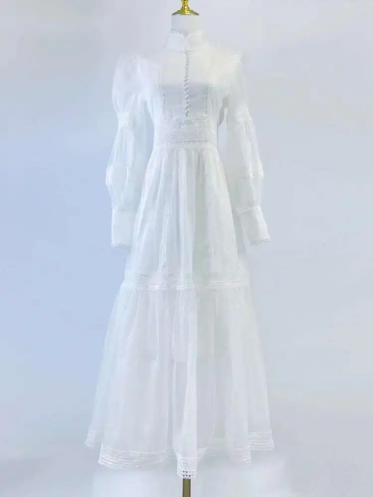 Robe de soirée Maxi en dentelle pour femmes, tenue de soirée de luxe, simple boutonnage, boutons, Patchwork, col roulé, manches longues lanterne, automne